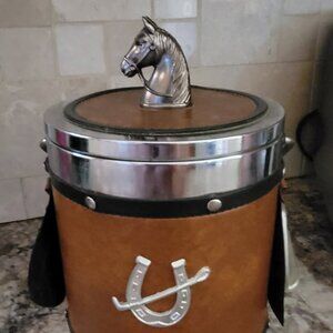 Vintage Horse Head Equestrian Ice Bucket with Metal Stirrups and Buckles-1970s